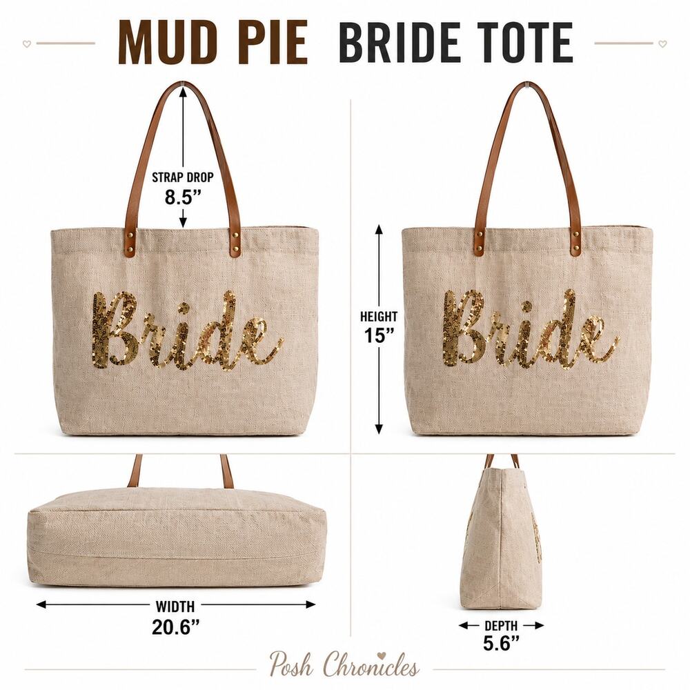 MudPie Bride Sequin Tote Bag Large Wedding Bridal Beach Honeymoon Carryall - Picture 5 of 6